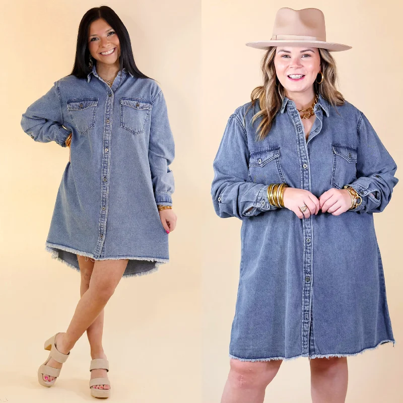 Patio Date Button Up Long Sleeve Denim Dress in Medium Wash