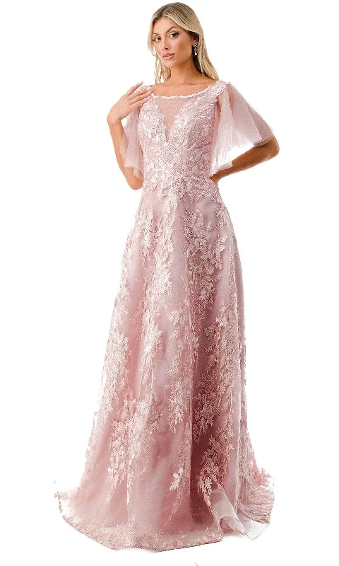 Aspeed Design M2818M - Bateau Floral Embroidered Evening Dress