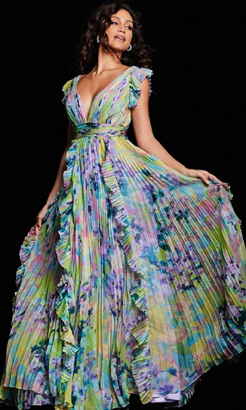 Jovani 34412SC - Flutter Sleeve Floral Evening Dress