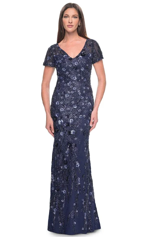 La Femme 31779 - V-Neck Sparkling Floral Embellished Evening Dress