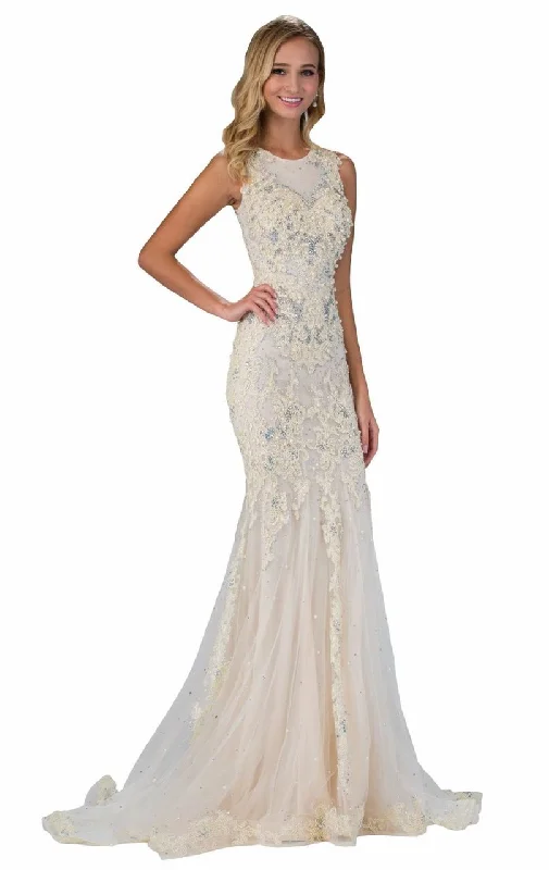 Elizabeth K Bridal - GL1344 Bead and Pearl Embellished Jewel Neckline Jersey Gown