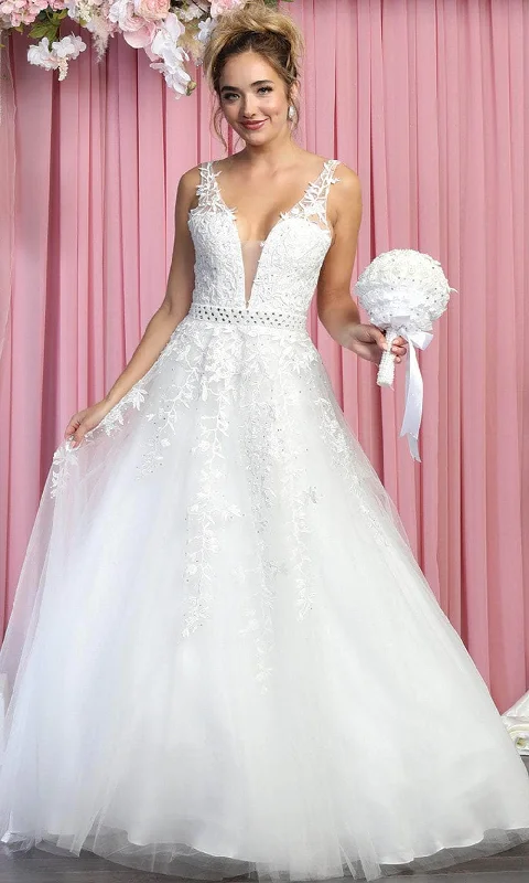 May Queen RQ7903 - Sleeveless Deep V-neck Wedding Dress